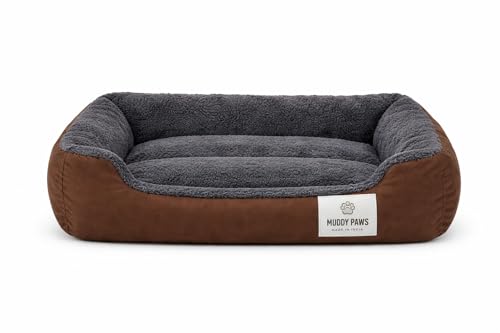 Image of MUDDY PAWS Reversible Sofa Style Dog Bed - Large (68 x 53 x 22 cm) - Plush Fur Surface, Removable Cushion & Anti-Skid Base - Brown & Grey