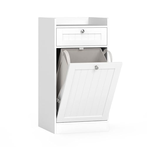 LIFEZEAL Armoire de Rangement avec Paniers à Linge, Armoire de Salle de Bain avec Sacs Amovibles et Tiroir, Meuble de Rangement Gain de Place pour Buanderie,...