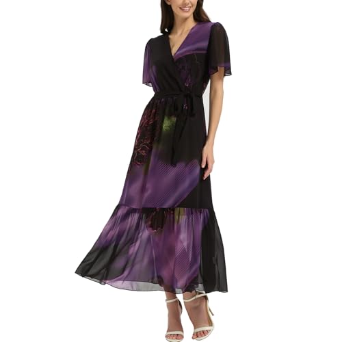 Image of Women's Summer Bohemian Floral Chiffon Dress Cap Sleeve V Neck Ruffle Long Flowy Boho Casual Vacation Dresses