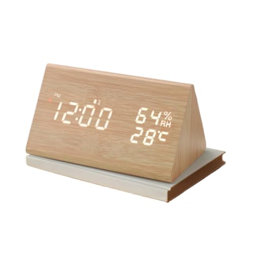 junbseLEDディスプレイ付きの木製デジタル目覚まし時計。アラーム、温度、カレンダーを表示。明るさ調節可能。お子様やご家族での使用に最適です。寝室とオフィスの両方で使える壁掛け式時計です。 (ナチュラル,三角形)