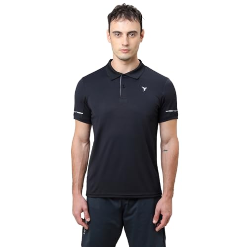 Image of TECHNOSPORT Men's Solid Slim Fit Polo Collar T-Shirt TECHNOCOOL+ Half Sleeve Button Polyester for Gym Running Workout UPF50+ Anti Odour