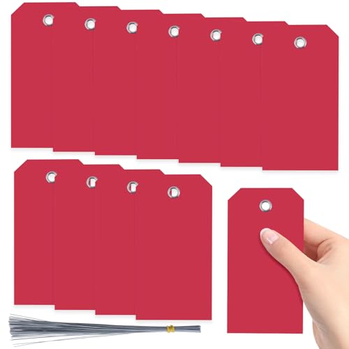 Swpeet Lot de 200 étiquettes rouges en plastique étanches inscriptibles de 11,99 x 5,99 cm avec œillets et fils - Kit d'assortiment d'étiquettes de suspension avec œillets fixes - Étiquettes vierges