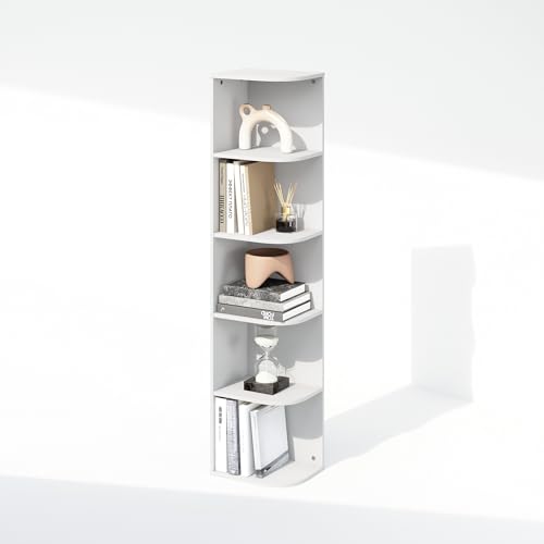 Image of Furinno Reed Corner Shelf, 5-Tier Corner Bookshelf, Book Shelf, Corner Shelves, Storage Rack, for Organization and Storage, Home Office, Living Room, White