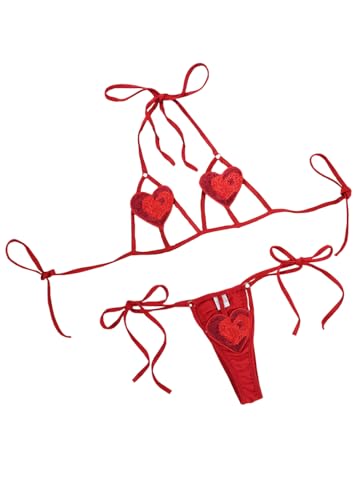 Unibaby Conjunto de lencería sexy para mujer, disfraz de corazón, rojo San Valentín, brasier y bragas de corazón, babydoll anime, micro bikini, Rojo -, Talla única