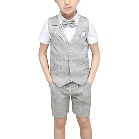 Boys Wedding Suit Gentleman Outfits Birthday Tuxedo Formal Suit 2-13 Years Child Shorts Set Plaid Page Boy Summer Suits Set Formal Clothes Sets Kids Waistcoat Suit for Party Prom Wedding Baptism Cover