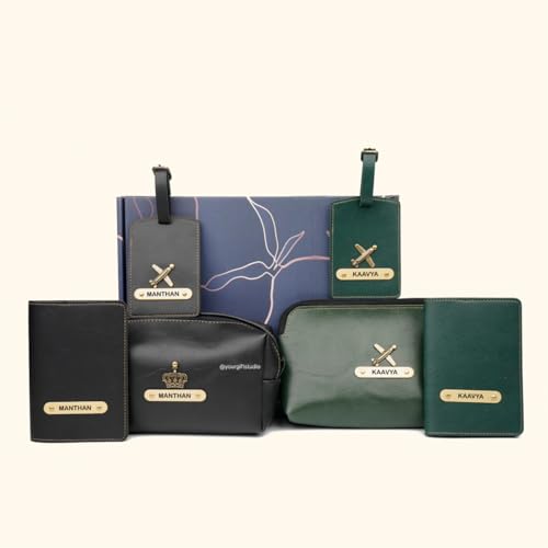 Image of Your Gift Studio Customized Leather Travel Pouch Kit Combo for Couple | Personalized Toiletry Bag, Passport Cover, and Luggage Tag with Name & Charm (Black)