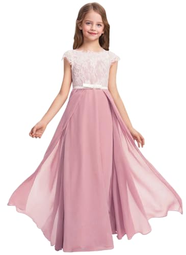 A-Line Scoop Floor-Length Satin Lace Chiffon Bridesmaid Dress with Bow Flower Girls Wedding Party Dresses T038