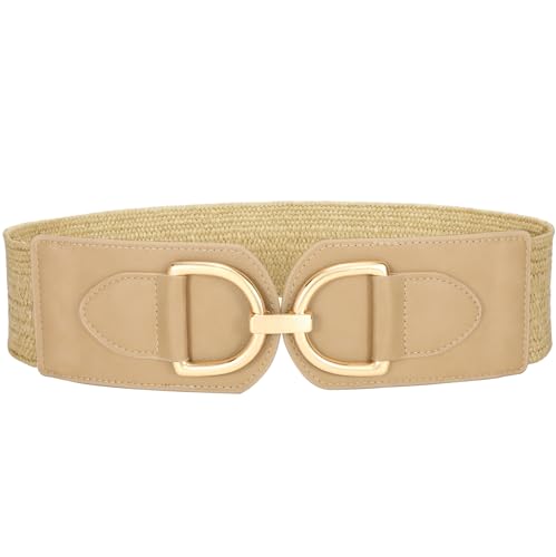 VONMELLI Cinturón elástico ancho para mujer, cinturón de paja, vintage, elástico, trenzado, bohemio, con hebilla dorada, marrón, M:Passend für Taillenumfang 76-85cm