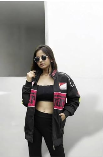 Image of BLACK F1 Speed Printed Jacket | Motorsport & Streetwear Fusion | Racing Jacket with Patches, Full Zip Hooded Motorsport Style Outerwear RED