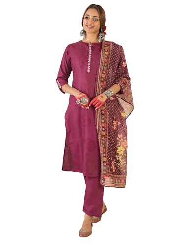 Image of INDO ERA Women's Straight Cotton Blend Ethnic Motifs Embroidered Kurta Pant With Dupatta Set