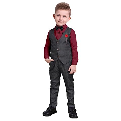 Nwada Boys Suit Set Formal Dress Clothes Shirt with Bow Tie Slim Vest and Pants Toddler Suit for Boys, Gray-red, 6-7 Years Cover