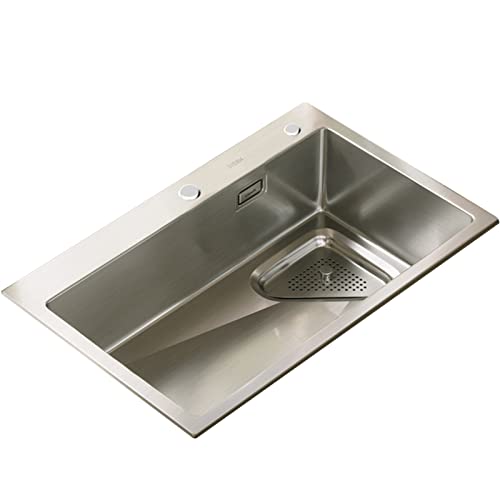 Fregadero de cocina de acero inoxidable 304 de 68 x 45 cm, 21 cm, de un solo tazón, diseño cuadrado, para empotrar o empotrar, con barra de preparación y desagüe, para uso doméstico. No incluye grifo.