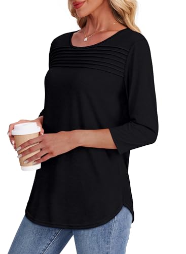 OFEEFAN Womens Tops 3/4 Length Sleeve Blouses Dressy Casual Spring Summer Fall Outfits Pleated Front T Shirts Curved Hem4