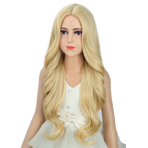 Image of Girls Light Blonde Wig Kids Long Mixed Blonde Wavy Curly Wig Girls Middle Part Wigs Heat Resistant Synthetic Wigs with Cap
