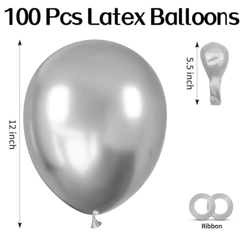 Image of 100pcs Metallic Silver Balloons 12 Inch Chrome Round Helium Balloons | Silver Balloon for New Years Wedding Anniversary Birthday, Bachelorette Graduate Party Decorations