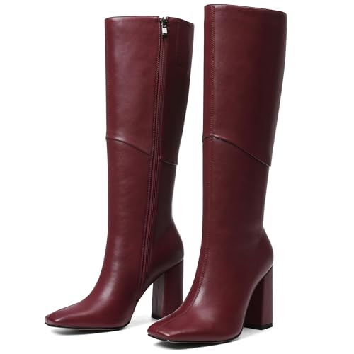 VOMIRA Knee High Boots Women Square Toe Chunky Heel Black Boot2