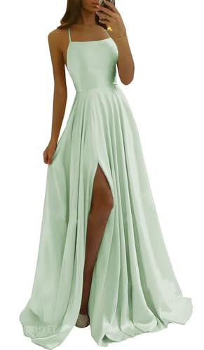 Image of Tvuyet Satin Prom Dresses Long with Pockets Spaghetti Straps A Line Bridesmaid Dresses with Side Slit Ball Gown