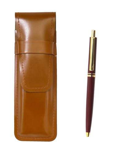 スリム牛革ペンケース茶 AP300昭和40年代復刻ノック式金属クリップボールペンセット 赤 T23-ASC-AP300B-R