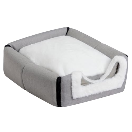 Hollypet Katzenbett Kleiner Hundebett, Haustierbett aus Leinen 2-in-1 Faltbares Katzenhöhle, Warmes Höhlennest für Katzen & Kleine Hunde, Grau