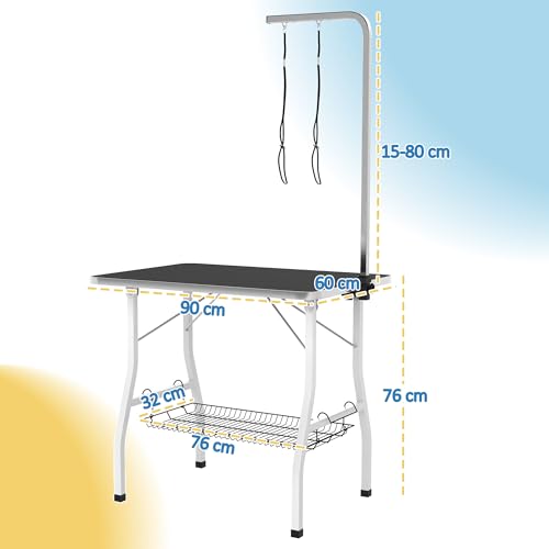 PawHut Trimmtisch für Hunde Hundepflegetisch klappbar Haustierpflegetisch mit höhenverstellbarem Galgen 2 Schlingen Netzkorb rutschfest Oberfläche Schertisch bis 40 kg 90 x 60 x 76 cm Schwarz+Weiß
