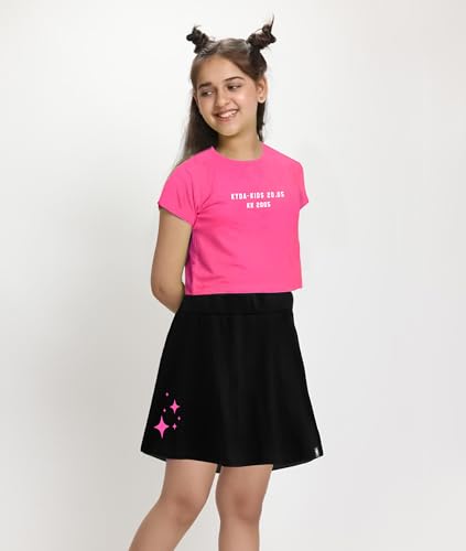 Image of KYDA KIDS 100% Pure Cotton Girls Printed Crop Top and Skirt with Attached Inner shorts Co-ords Set