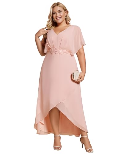 Image of Ever-Pretty Plus Ever-Pretty Women's Plus V Neck Applique Short Sleeves Tea Length Wedding Guest Dress Pink US20