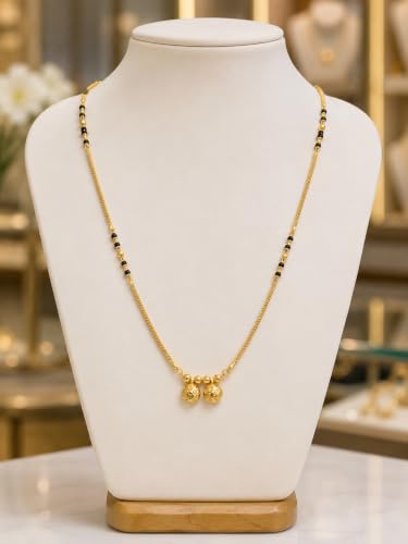 Image of 1 Gram Gold Plated Traditional Short Mangalsutra for Women| Daily Wear Short Tanmaniya With Black beads. 18 Inch Gold Plated Jewellery.