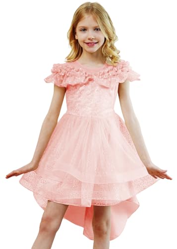 Girls Dresses with Mesh Sleeves Bow Sequin Tulle Ruffle Bridesmaid Flower Girl Lace Pageant Party Formal Gowns Dresses 3-16Y