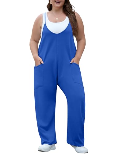 OLRIK Plus Size Jumper for Curvy Women Spaghetti Strap Wide Leg Jumpsuits Stretchy One Piece Overalls Loose Fit Rompers with Pockets Fashion Royal Blue-4X