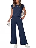 ANRABESS Women 2 Piece Lounge Sets Summer Casual Knit Sweater Vest Pant Set Beach Vacation Clothes 2026 Airport Outfits Navy Blue Medium