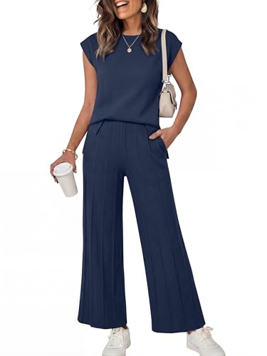 ANRABESS Women 2 Piece Lounge Sets Summer Casual Knit Sweater Vest Pant Set Beach Vacation Clothes 2026 Airport Outfits Navy Blue Medium