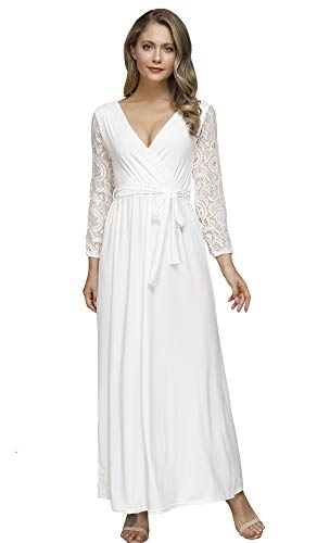 Women V Neck Faux Wrap Flowy Maxi Evening Dress Tie Waist Lace Long Sleeve Casual Dresses Ivory 2XL