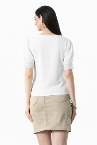 Image of Women V Neck Top with Button Front Puff Sleeves Crochet Lace Trim | Breathable Casual Blouse Shirt for Women | Summer Crop Top for Girls | Daily use Office College