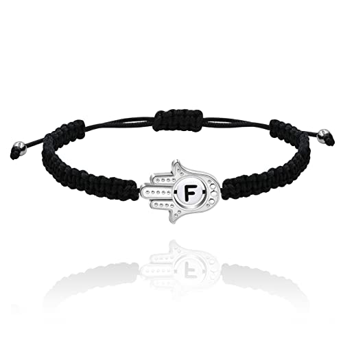 Image of Uloveido Customized A to Z 26 Letters Hand of Fatima Bracelet - Fatima Hamsa Hand Evil Eye Protection Bracelet Lucky Charm Adjustable Braided Black String