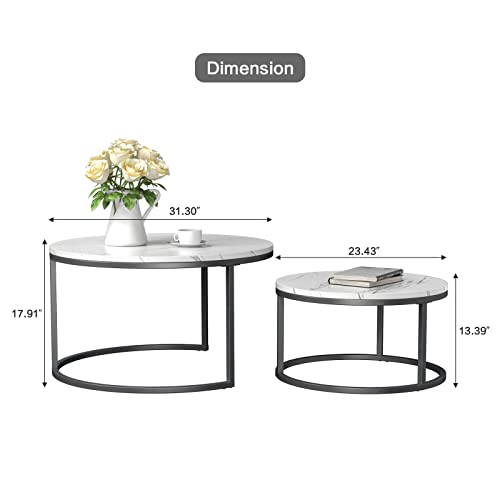 Qssllc Round Nesting Coffee Table, Set Of 2 Modern Coffee Table With Faux Marble Top, Black Metal Frame White Nesting Table For Living Room, Apartment, Office #TOP2