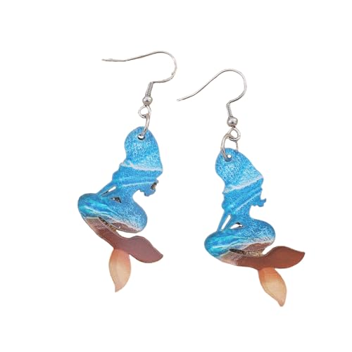 Boho Sea Wave Earrings Lightweight Acrylic Turtle Mermaid Dangle Statement Earrings Cute Starfish Shell Seahorse Earring Summer Beach Jewelry for Women-Mermaid