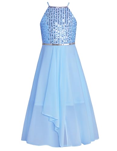 GRACE KARIN Flower Girls Chiffon Dresses A-Line Halter Junior Bridesmaid Girl Flowy Sequin Dresses Wedding Party Pageant Gown
