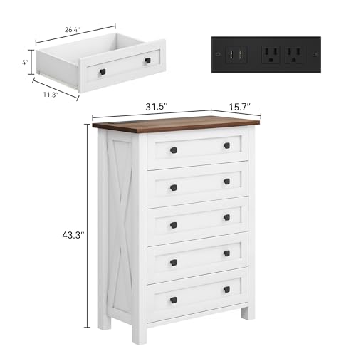 DWVO White Dresser, 5 Chest of Drawer Dresser for Room, Modern Tall Nightstand with Deep Drawers, Organizer Drawers for Living, Hallway