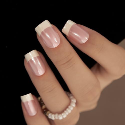 CurvLife Medium Square French Tip Press On Nails, Pearl White, Soft Gel