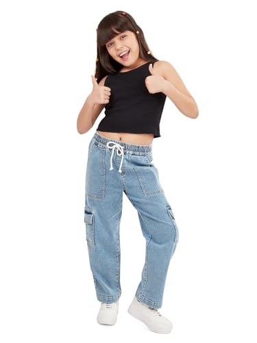 Image of olele Girls Super Jeans Collection for 4-14 Yrs | Stretchable Cotton Denim Trousers | Blue Jeans for Kids | Baggy Denim Pants | Cargo Pants for Girls