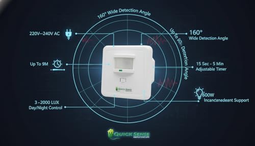 Image of Quick Sense QS-14 PIR Motion Sensor Switch | 160 Wall Switch with Manual ON /Off /PIR Modes | 9m Range, 800W | 10s-7min Delay, 10-2000 LUX | IP44 for Home, Office, Bathroom | AC 220-240V