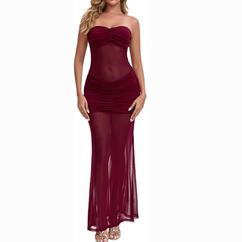 Image of Sexy Sheer Mesh Dresses for Women See Through Maxi Dress Strapless Tube Top Night Party