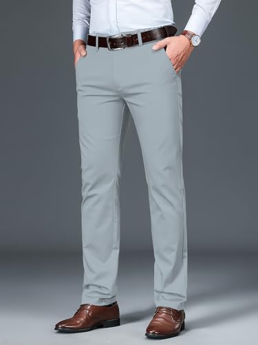 Image of AVANOVA Men's Light Grey Solid Trousers Light Business Style Slightly Stretch Straight Leg Pants for Outdoor Casual Daily (Trouser 127)