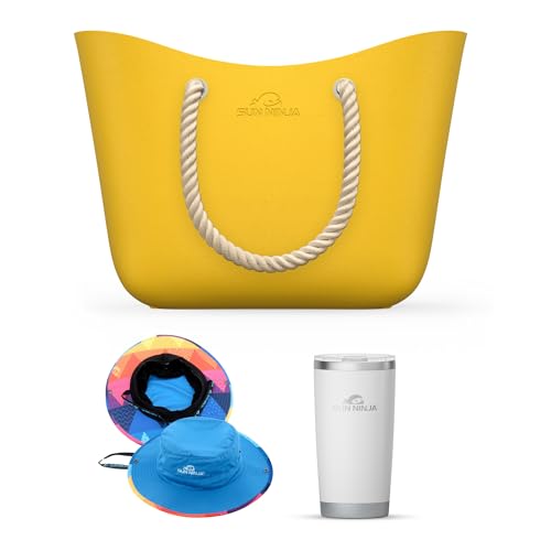 SUN NINJA Waterproof Beach Bag Bundle with UPF 50+ Sun Hat and 20oz Insulated Tumbler - Large Beach Tote, Beach Accessories, Beach Gear, Beach Vacation Essentials, Travel Bags