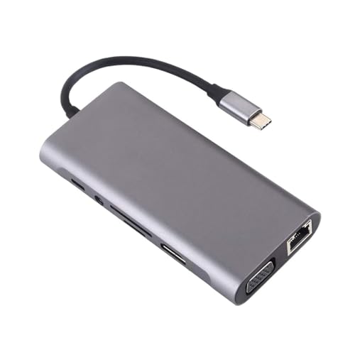 Adaptador USB C multipuerto con salida HDTV RJ45 Ethernet ranura para lector de tarjetas de memoria de 3,5 mm, estación de acoplamiento para PC, teléfono, adaptador multipuerto de aluminio, base USB C