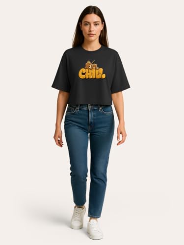 Image of HELLCAT Beige Printed Loose Fit Crew-Neck Crop T-Shirt for Women