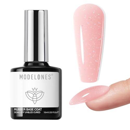 modelones Builder Rubber Gel Base Coat for Nails, Nude Pink Glitter Rubber Base Gel Nail Polish for Strengthen Apex Building Extension Protect Weak Nails Long Last U V Manicure Gift for Women