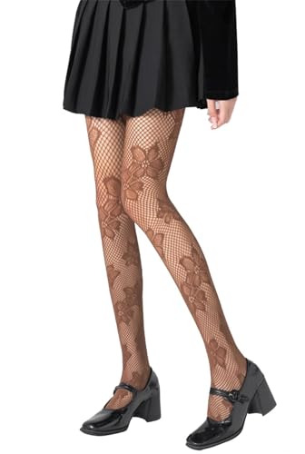Mrotrida Women's Floral Patterned Fishnet Tights Y2k Gothic Flower Lace See Through Pantyhose Stocking