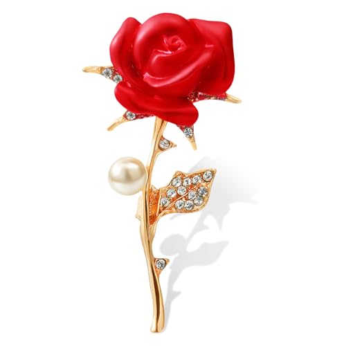 Image of Red Rose Brooch for Women - Elegant Costume Jewelry Pin for Dresses, Hats & Scarves