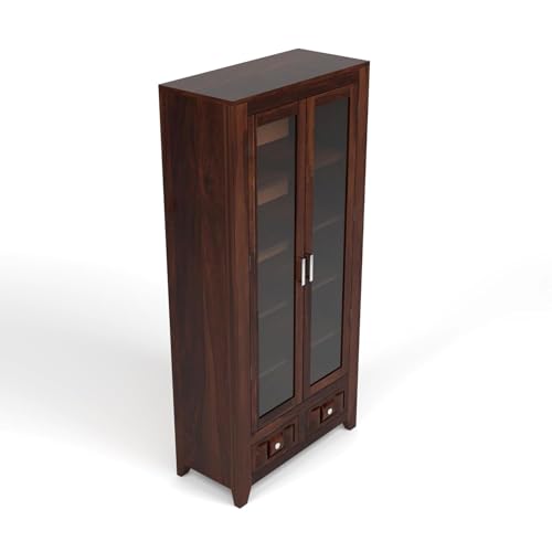 Image of Solid Sheesham Wood Book Cabinet with Acrylic Glass Doors | Rosewood Display Storage Unit with Shelves & Drawers for Home & Office | Louge (A-Walnut)